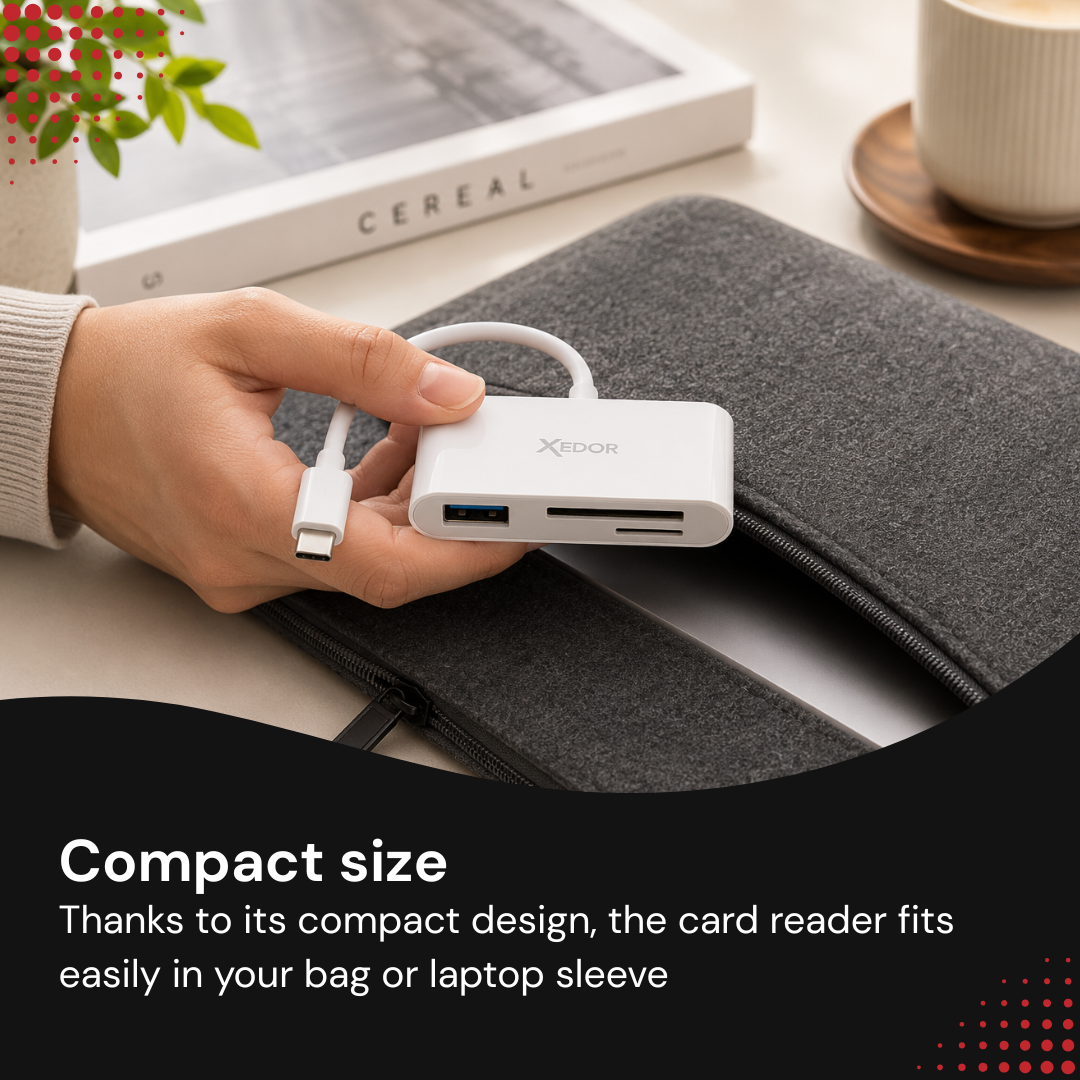 Eine Hand hält einen weißen USB-C-Kartenleser über einer grauen Laptoptasche.