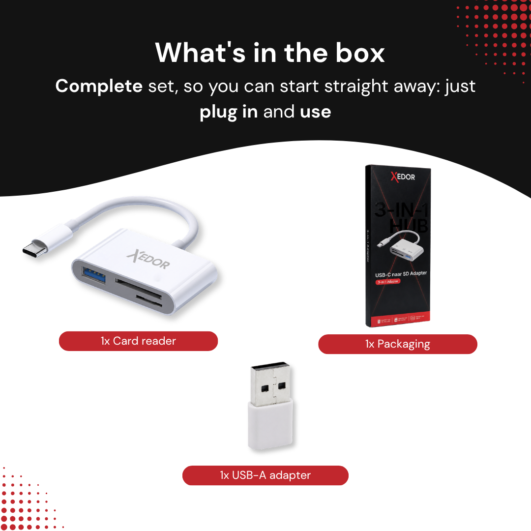 Was in der Verpackung ist, zeigt Kartenleser, USB-A-Adapter und Verpackung.