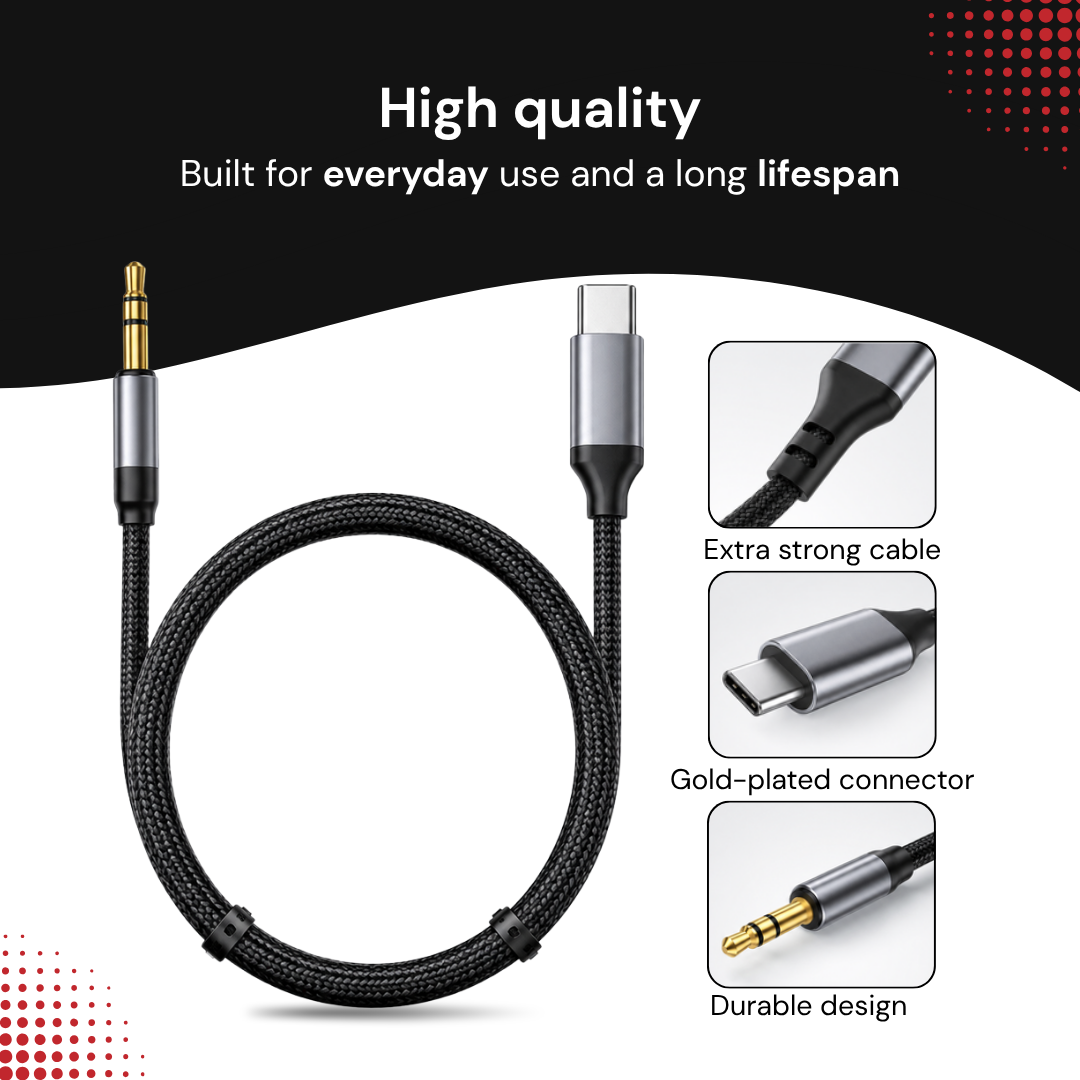 A braided USB-C to 3.5mm audio cable with a gold connector and detail insets.