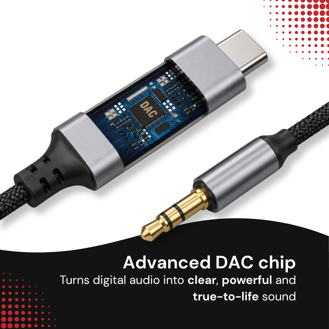 USB-C to 3.5mm cable showing internal DAC chip on blue PCB with text.