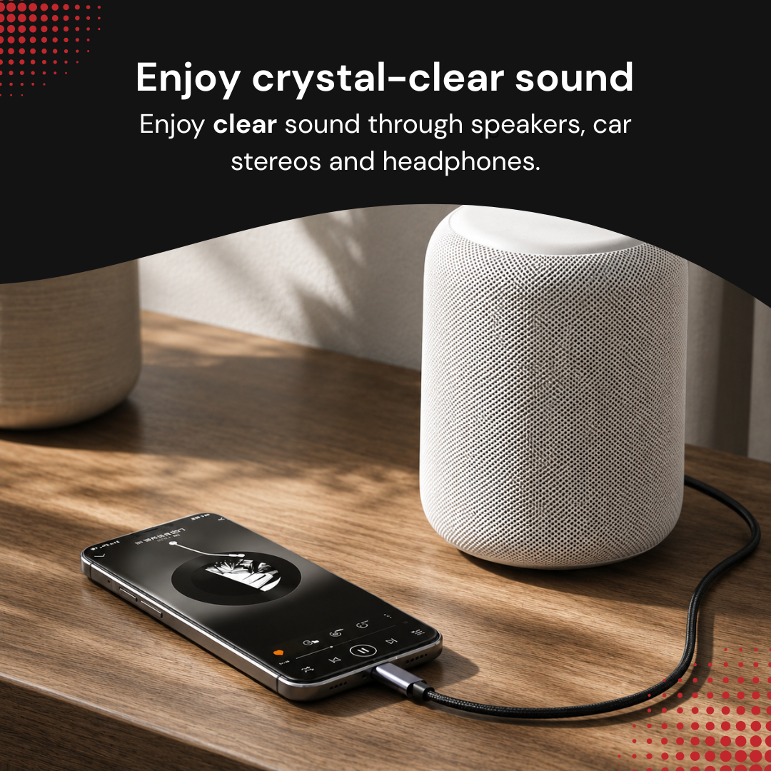 A white smart speaker and a smartphone playing music sit on a wooden table, with text above.