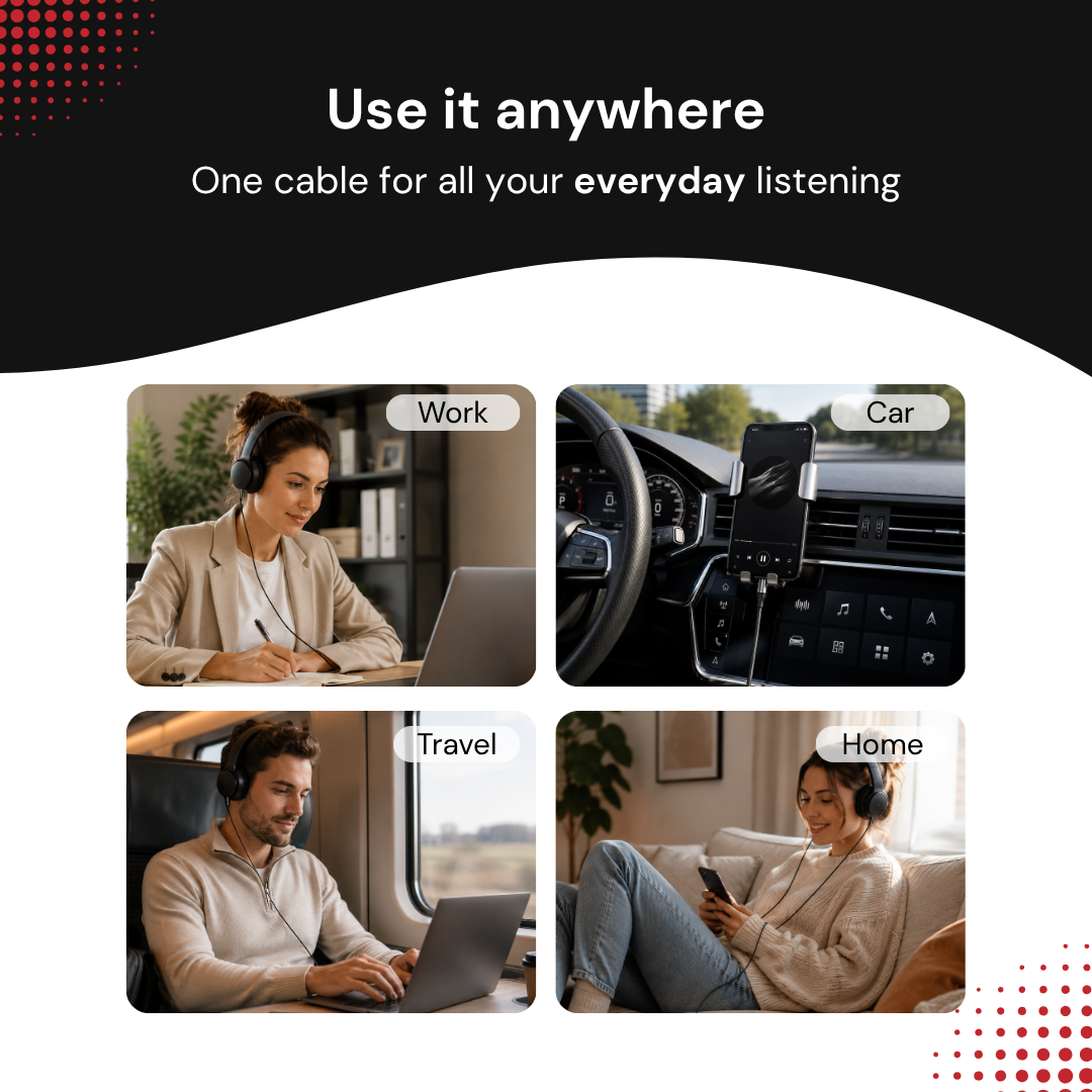 Promotional image showing people using headphones for work, in a car, while traveling, and at home.