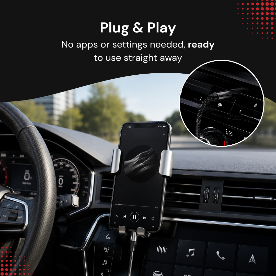 Smartphone in a car mount with "Plug & Play" text above.