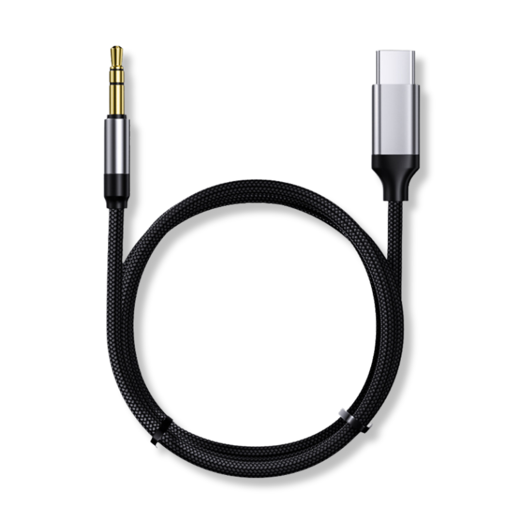 A black braided audio cable with a 3.5mm jack on one end and a USB-C connector on the other.