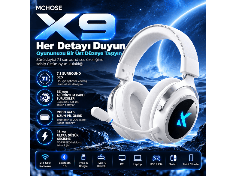 MCHOSE X9 7.1 Surround (HW-X9-1) Kablosuz Gaming Kulaklık Beyaz