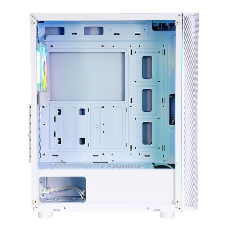 Solda tek yanan RGB fana sahip boş bir beyaz bilgisayar kasasının iç görünümü.