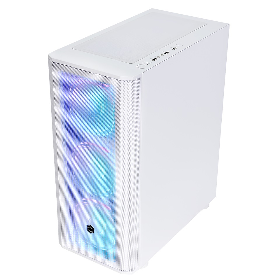 Önü ızgaralı, üç aydınlatmalı RGB fanlı ve üst bağlantı noktalarına sahip beyaz bilgisayar kasası.