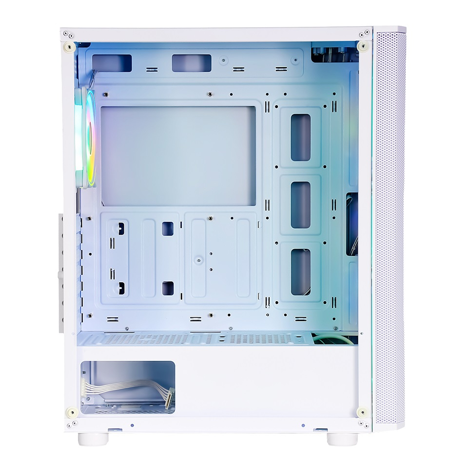 Arka panelinde aydınlatmalı RGB fan ve alt kısımda kablolar olan beyaz bilgisayar kasası.