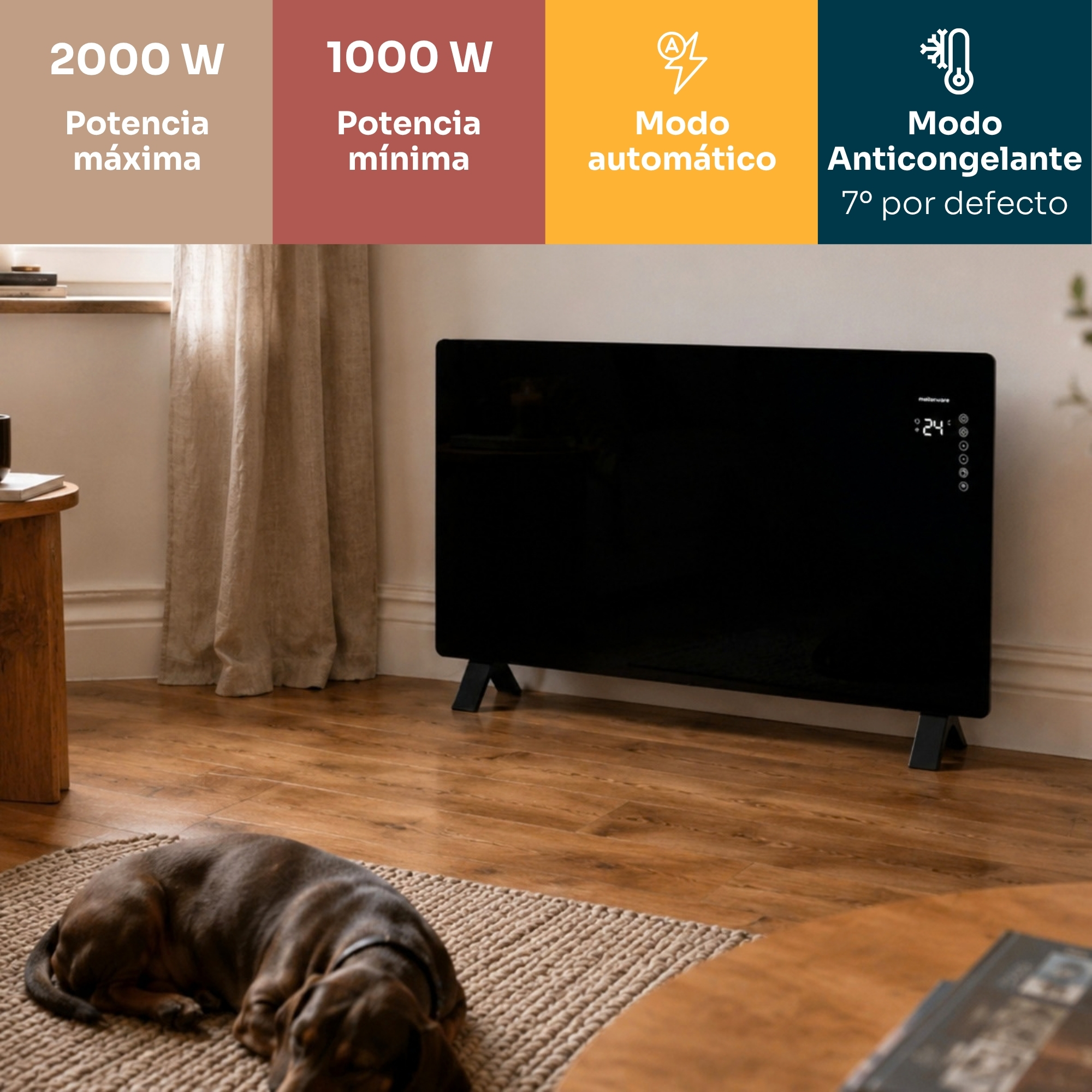 Un calefactor eléctrico negro sobre suelo de madera, con un perro durmiendo en una alfombra.