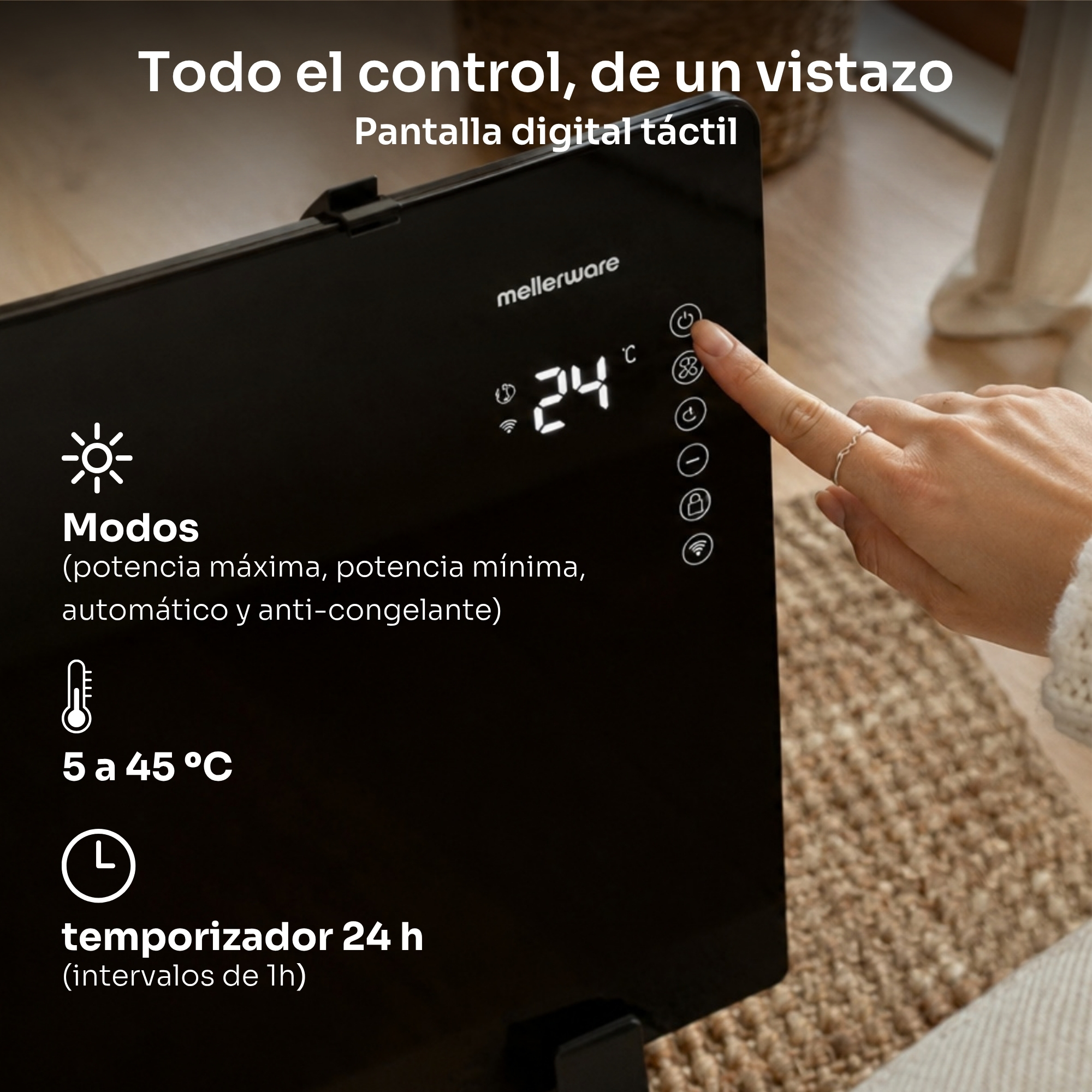 Mano tocando la pantalla táctil digital de un calefactor negro Mellerware que muestra 24 grados.