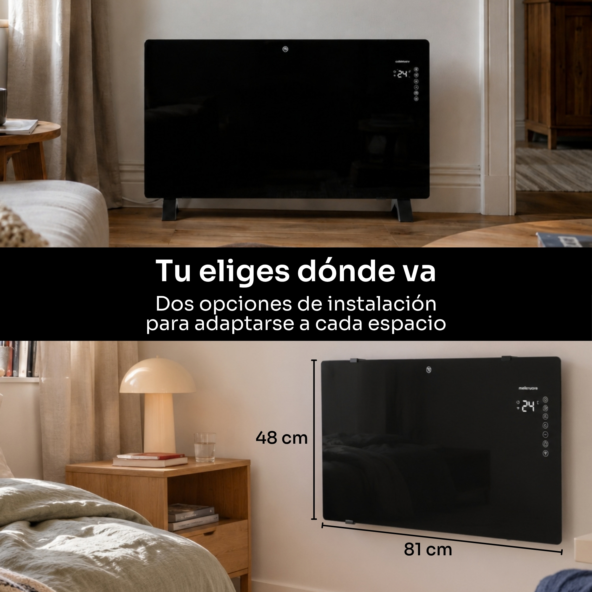 Un calefactor de pared negro con dimensiones y dos opciones de instalación.