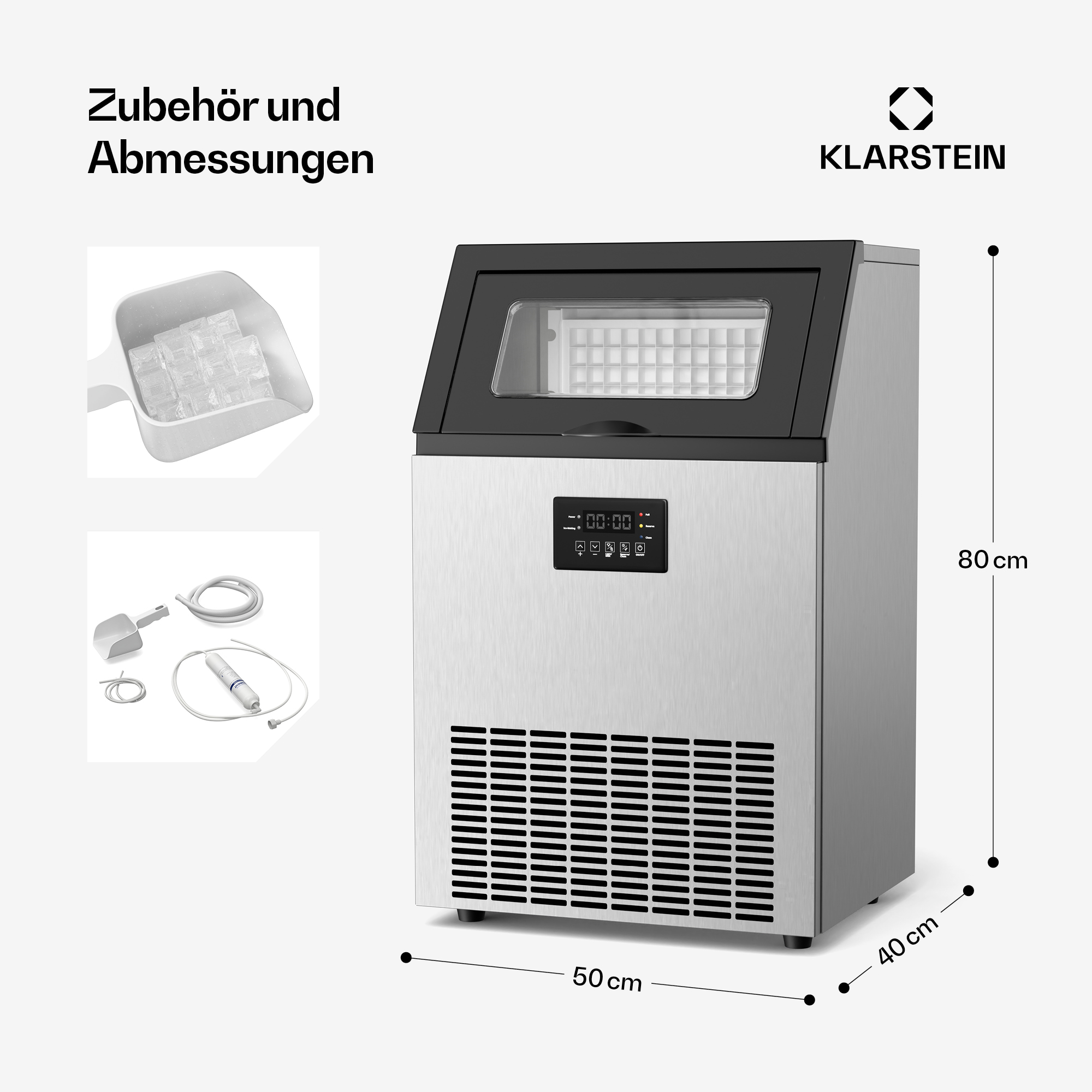 Klarstein Eiswürfelbereiter mit Abmessungen 80x50x40 cm und Zubehör wie Schaufel und Schläuchen.