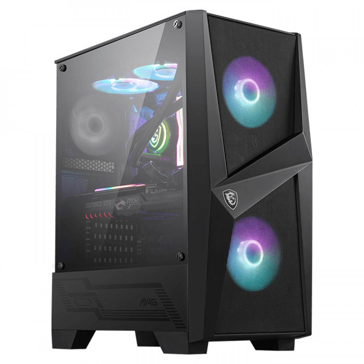 Cam yan panelli, ön ve iç kısımlarda RGB fanları ve görünür MSI bileşenleri olan siyah bilgisayar kasası.