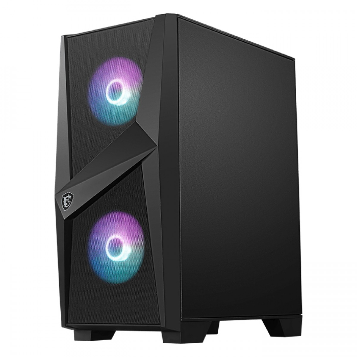 Beyaz arka planda, ön tarafında iki adet aydınlatmalı RGB fan bulunan siyah PC kasası.