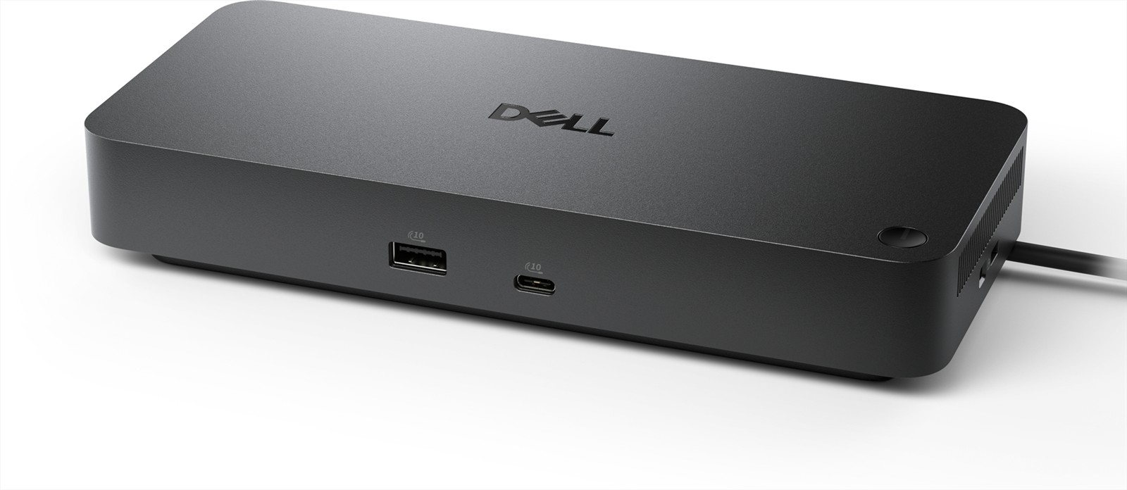 Beyaz arka planda USB bağlantı noktaları ve güç kablosu olan siyah Dell yerleştirme istasyonu.