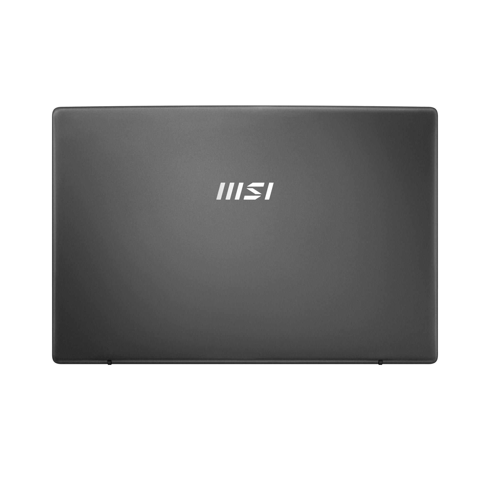 Geschlossener, dunkelgrauer Laptop-Deckel mit zentriertem weißem MSI-Logo vor weißem Hintergrund.