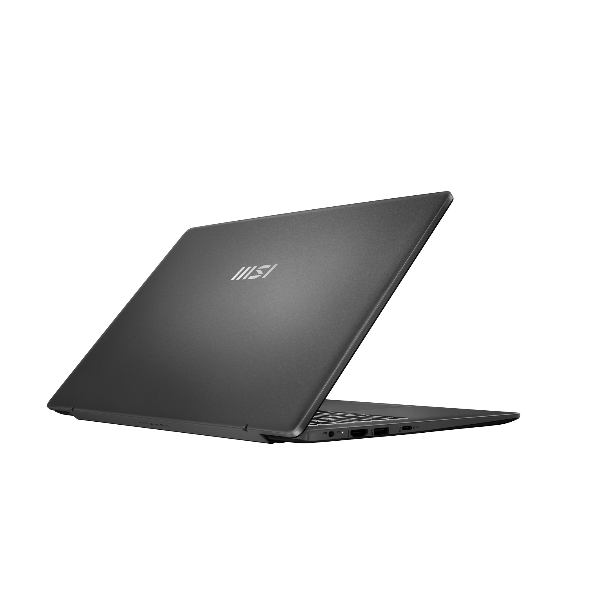 Ein elegantes, dunkelgraues MSI-Laptop geschlossen vor weißem Hintergrund, von schräg rechts hinten gesehen.