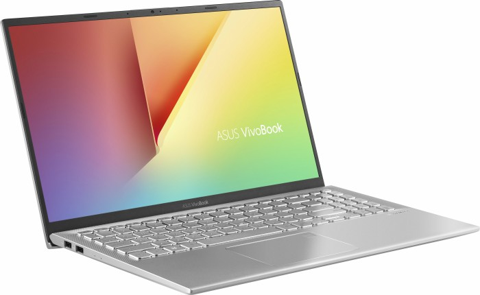 Un laptop ASUS VivoBook argentato con schermo colorato e tastiera retroilluminata su sfondo bianco.