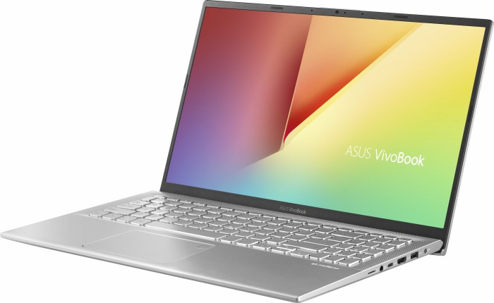 Un computer portatile ASUS VivoBook argento con schermo colorato su sfondo bianco.