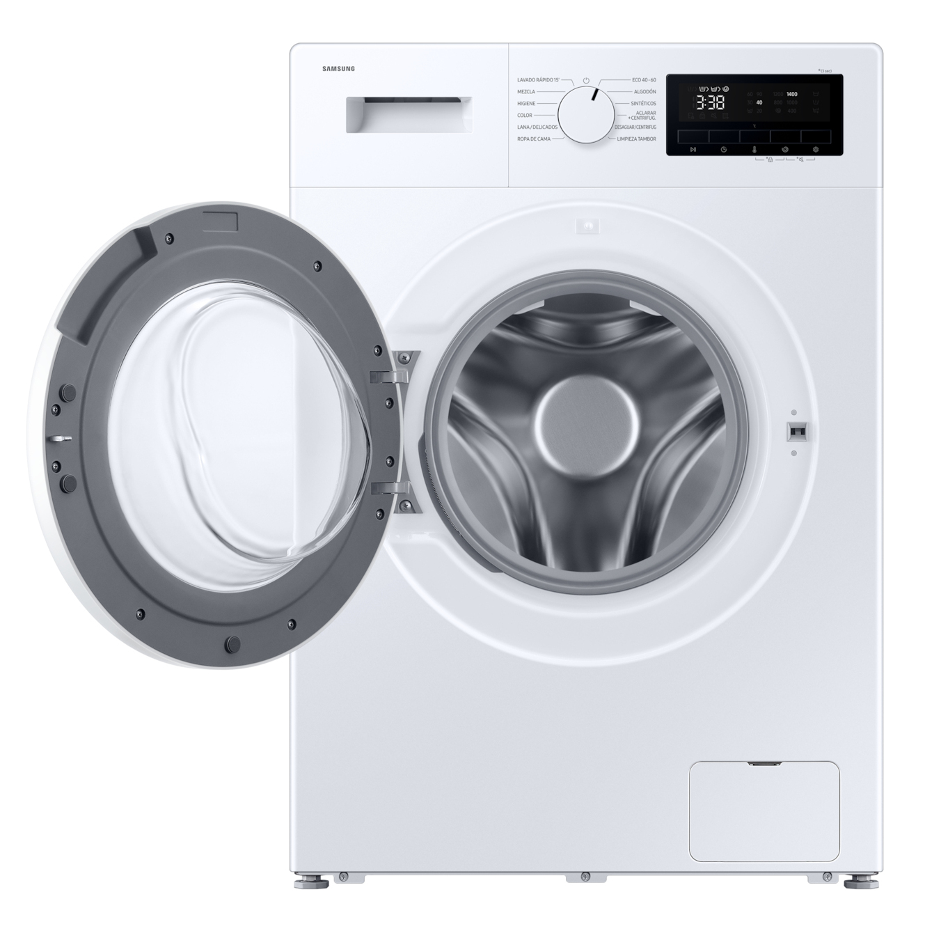 Una lavadora de carga frontal Samsung blanca con la puerta de cristal abierta, mostrando el tambor.
