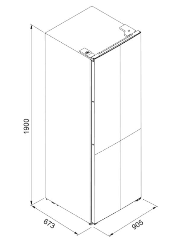 1900x905x673 mm olculerinde buyuk bir buzdolabinin teknik cizimi.