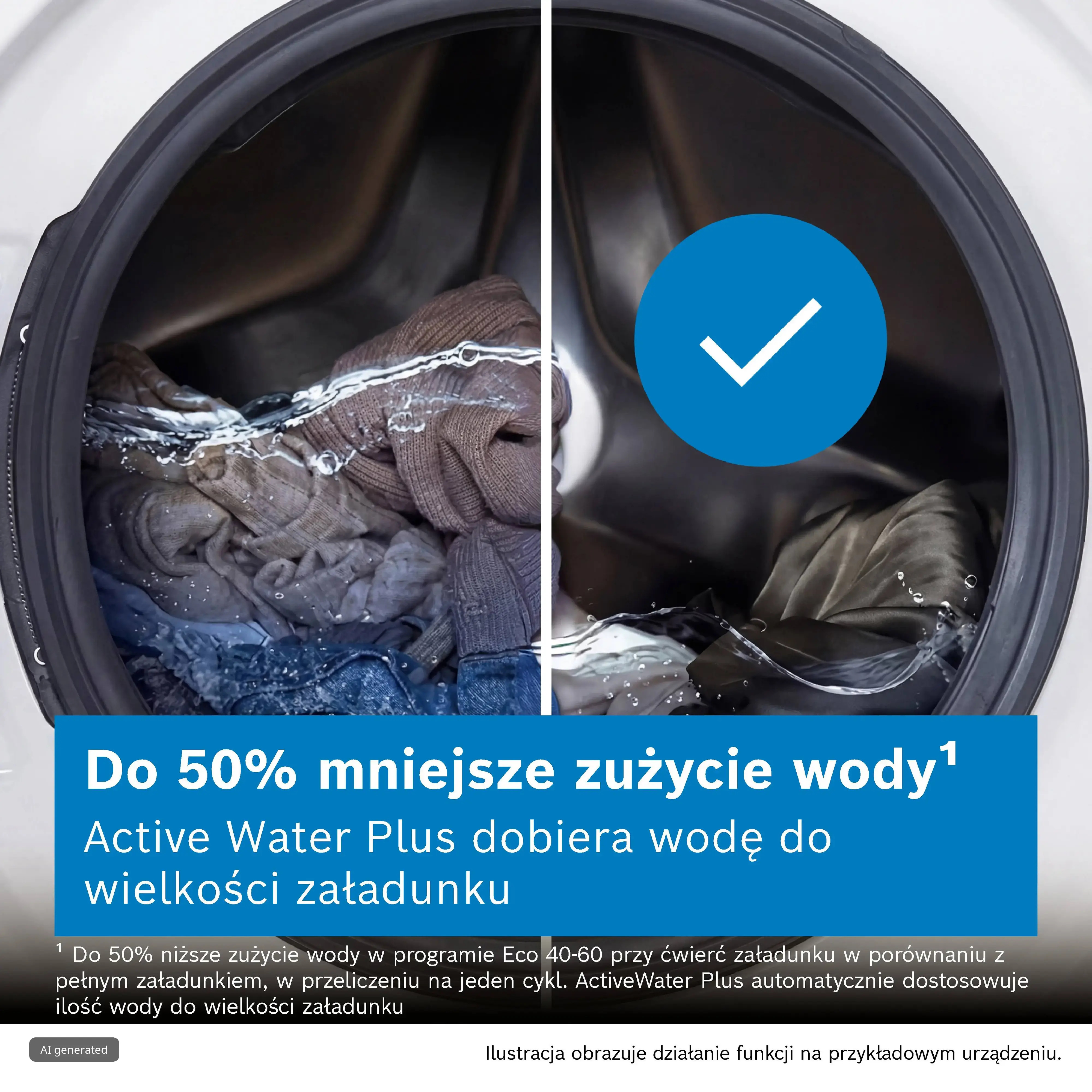 Porównanie bębna pralki z ubraniami i wodą, pokazujące oszczędność wody z niebieską ikoną znacznika wyboru.