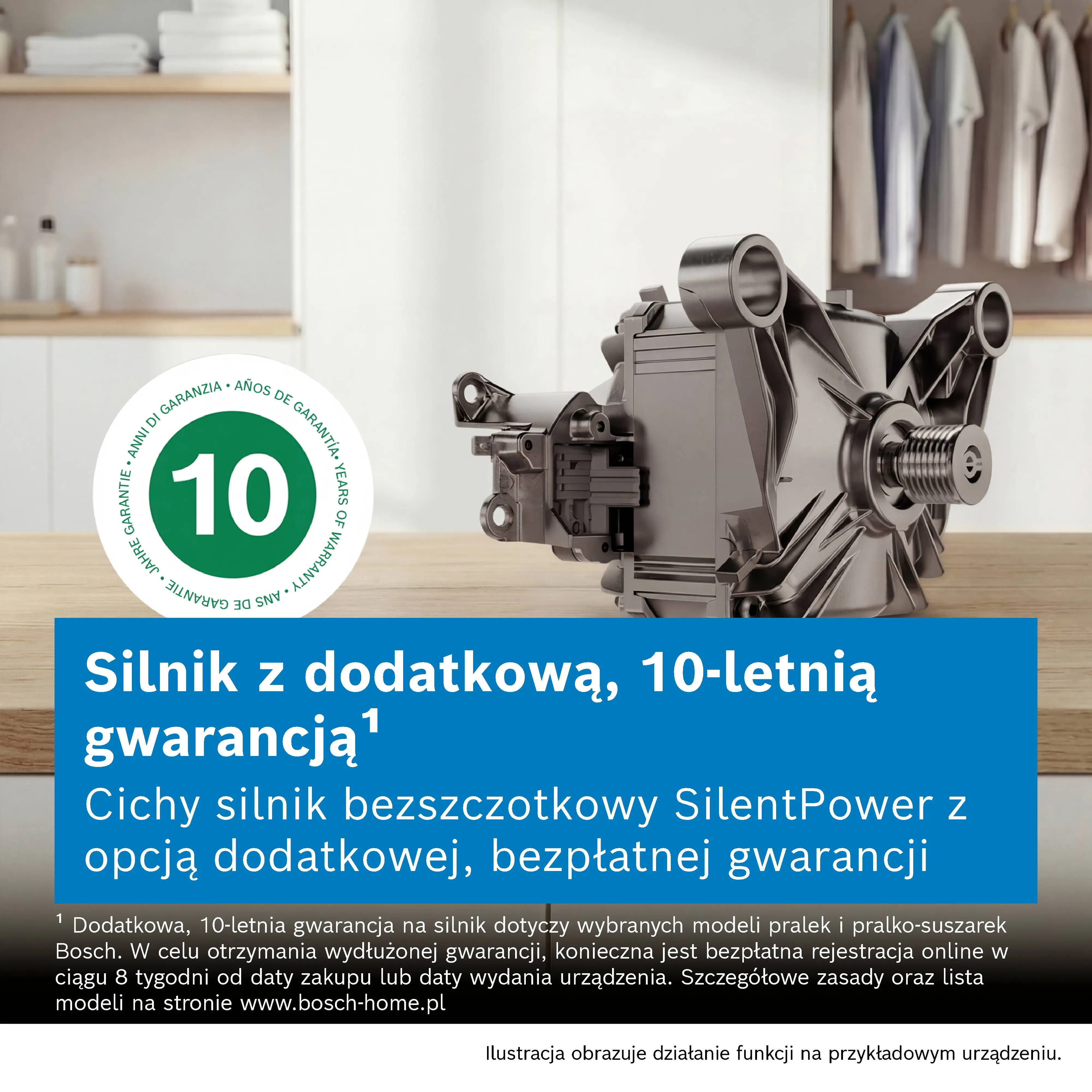 Szary silnik bezszczotkowy SilentPower z 10-letnią gwarancją na drewnianej powierzchni.