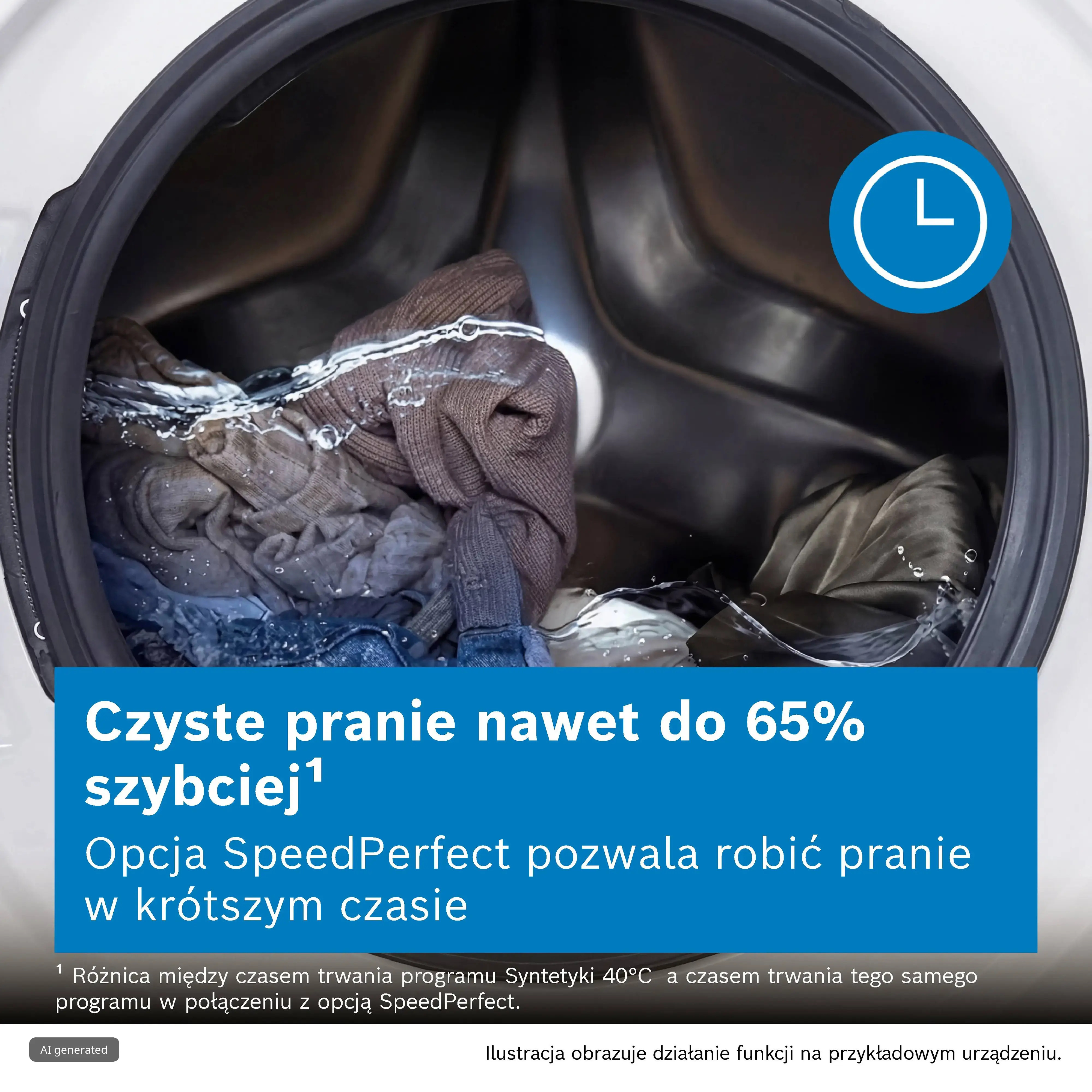 Bęben pralki z praniem oraz niebieskie pole z polskim tekstem reklamowym na dole.