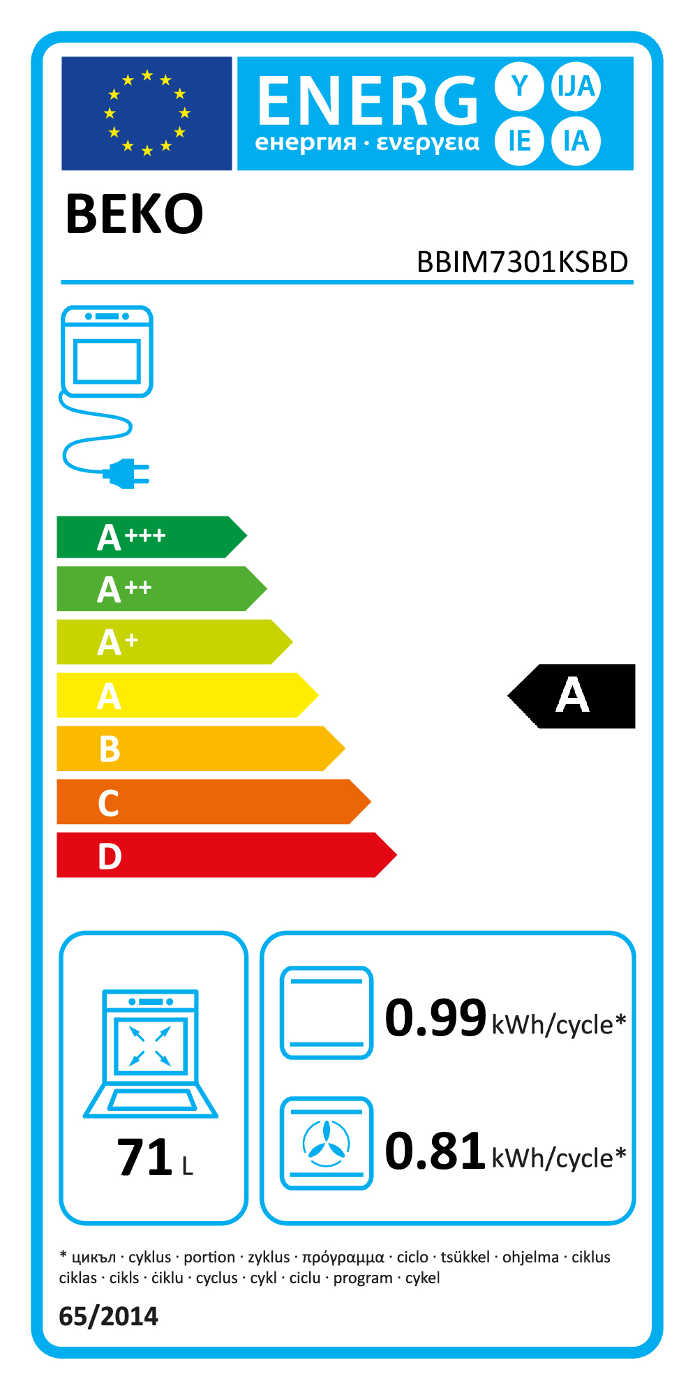 Etykieta energetyczna piekarnika Beko klasy A, z pojemnością i zużyciem.