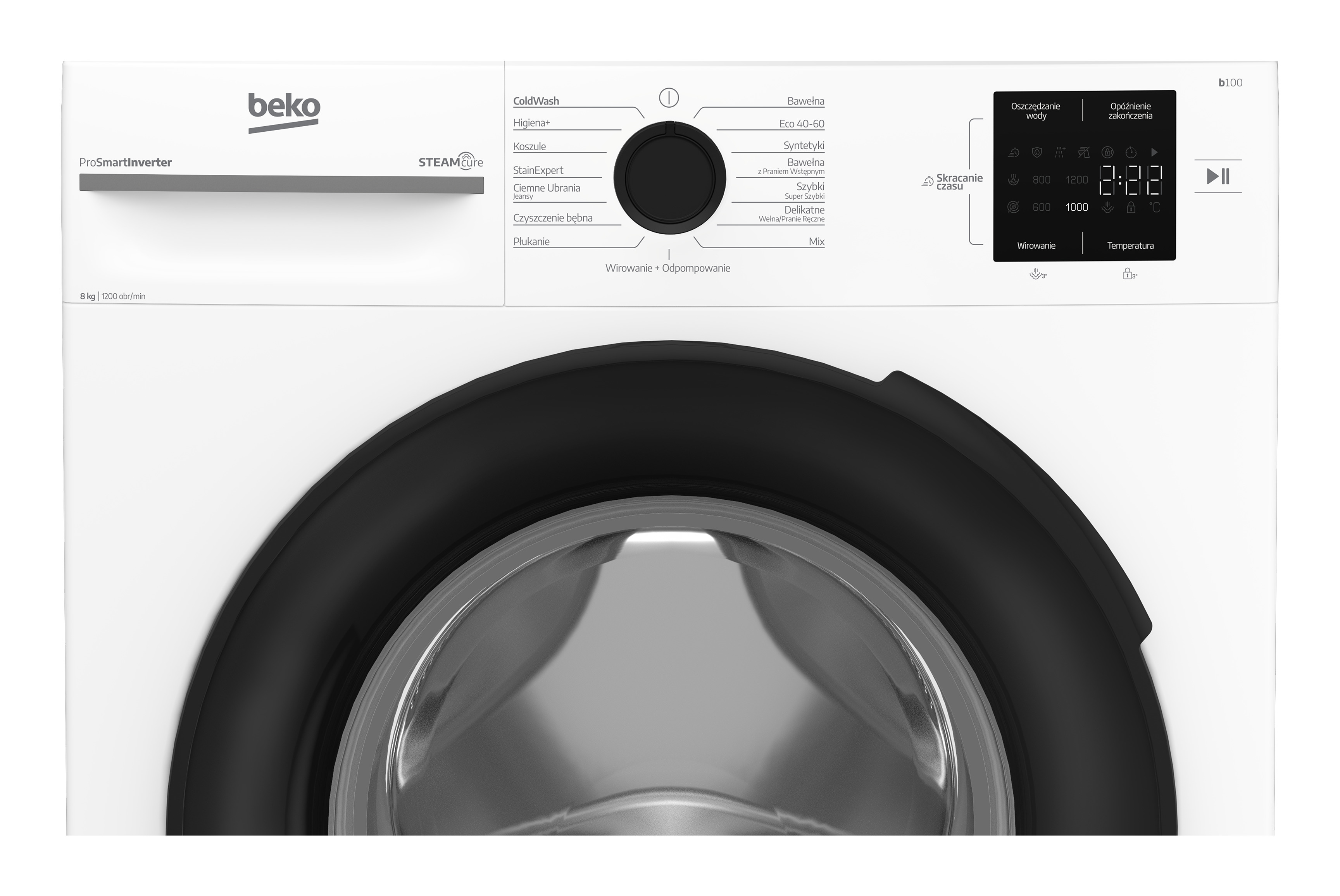 Biały panel pralki Beko z czarnym pokrętłem programów i wyświetlaczem cyfrowym.