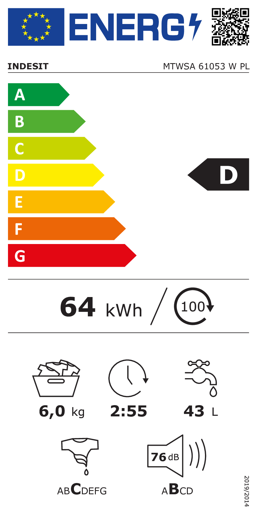 Etykieta energetyczna Indesit D: 64 kWh, 6 kg, 2:55 h, 43 L, wirowanie C i 76 dB.