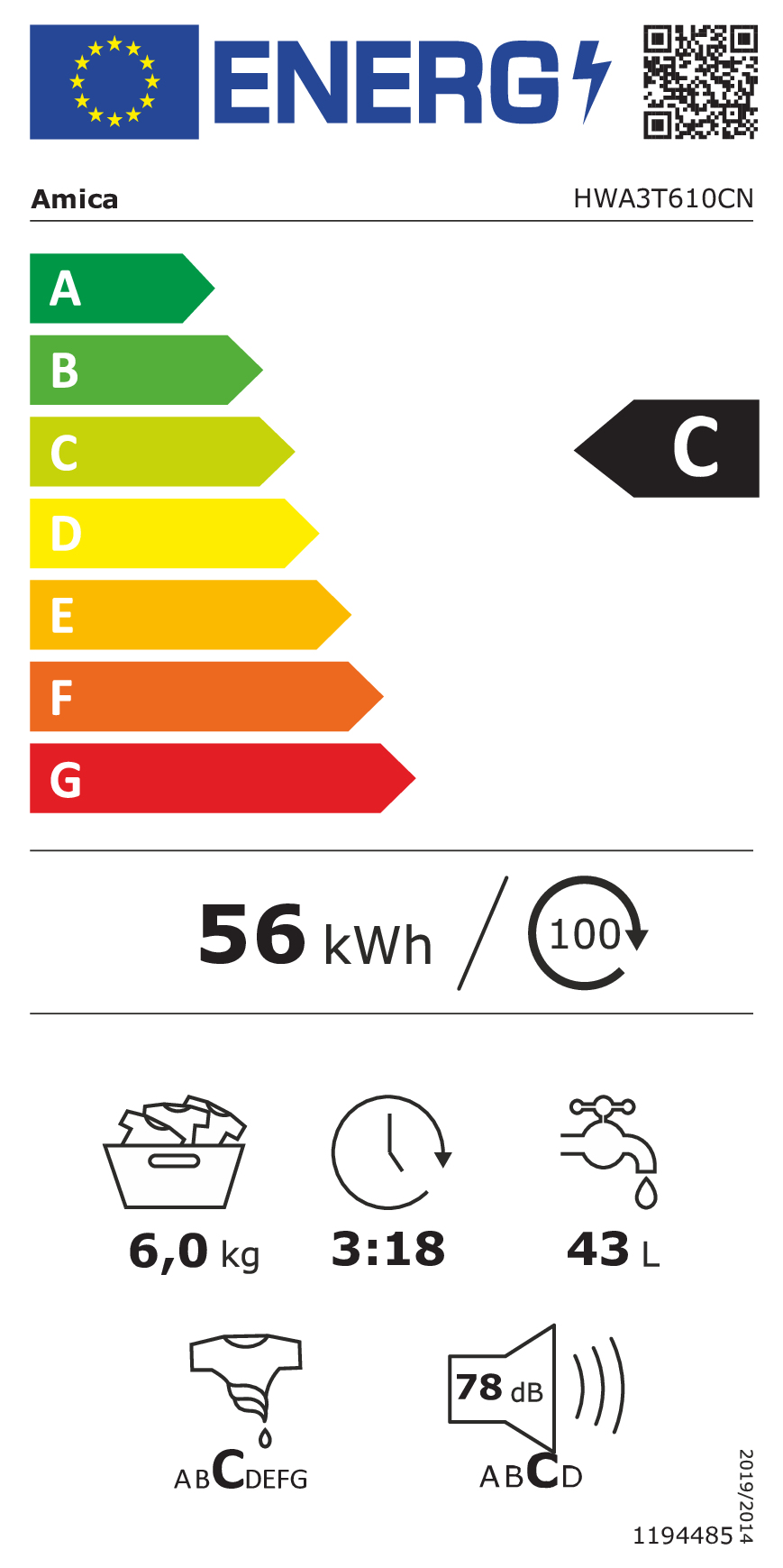 Etykieta energetyczna klasy C, zużycie 56 kWh, pojemność 6,0 kg, czas cyklu 3:18 i poziom hałasu 78 dB.