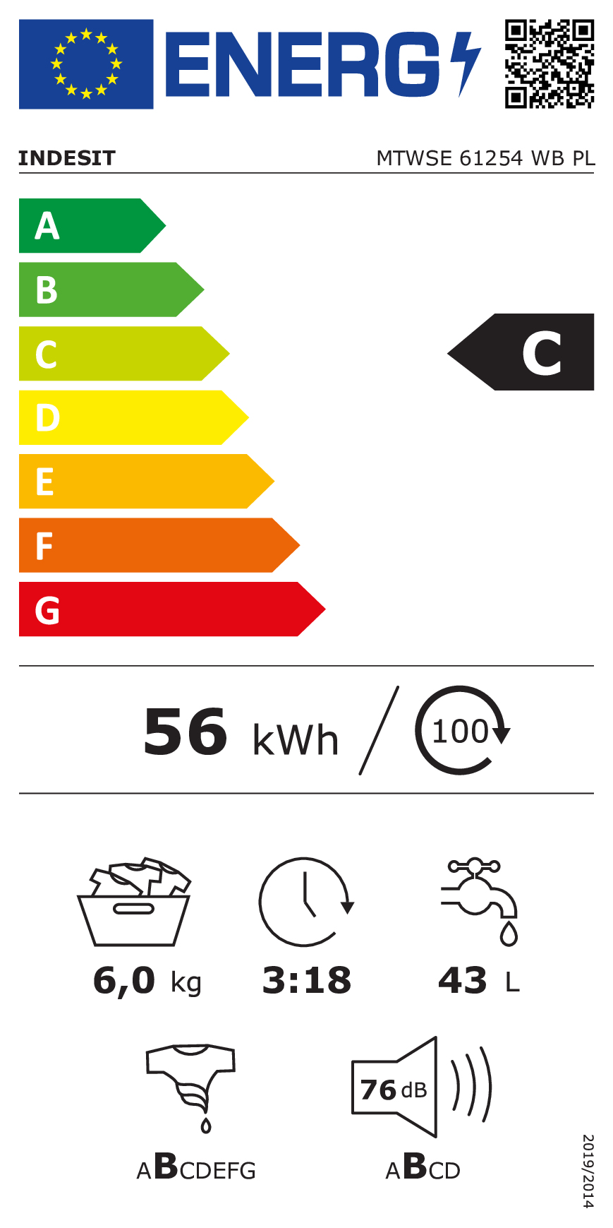 Etykieta energetyczna UE pralki Indesit, klasa C, zużycie 56 kWh, pojemność 6,0 kg.