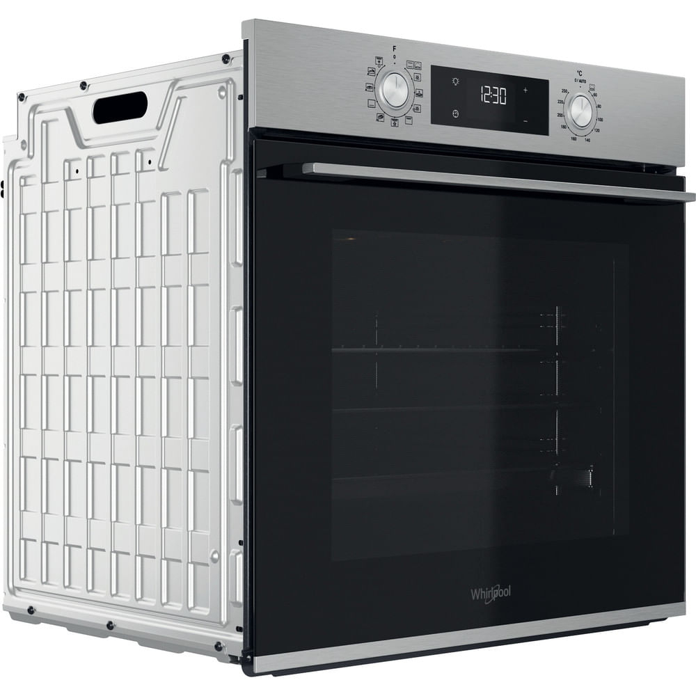 Moderne Einbaubackofen in Edelstahl und Schwarz mit digitaler Anzeige und Drehreglern.