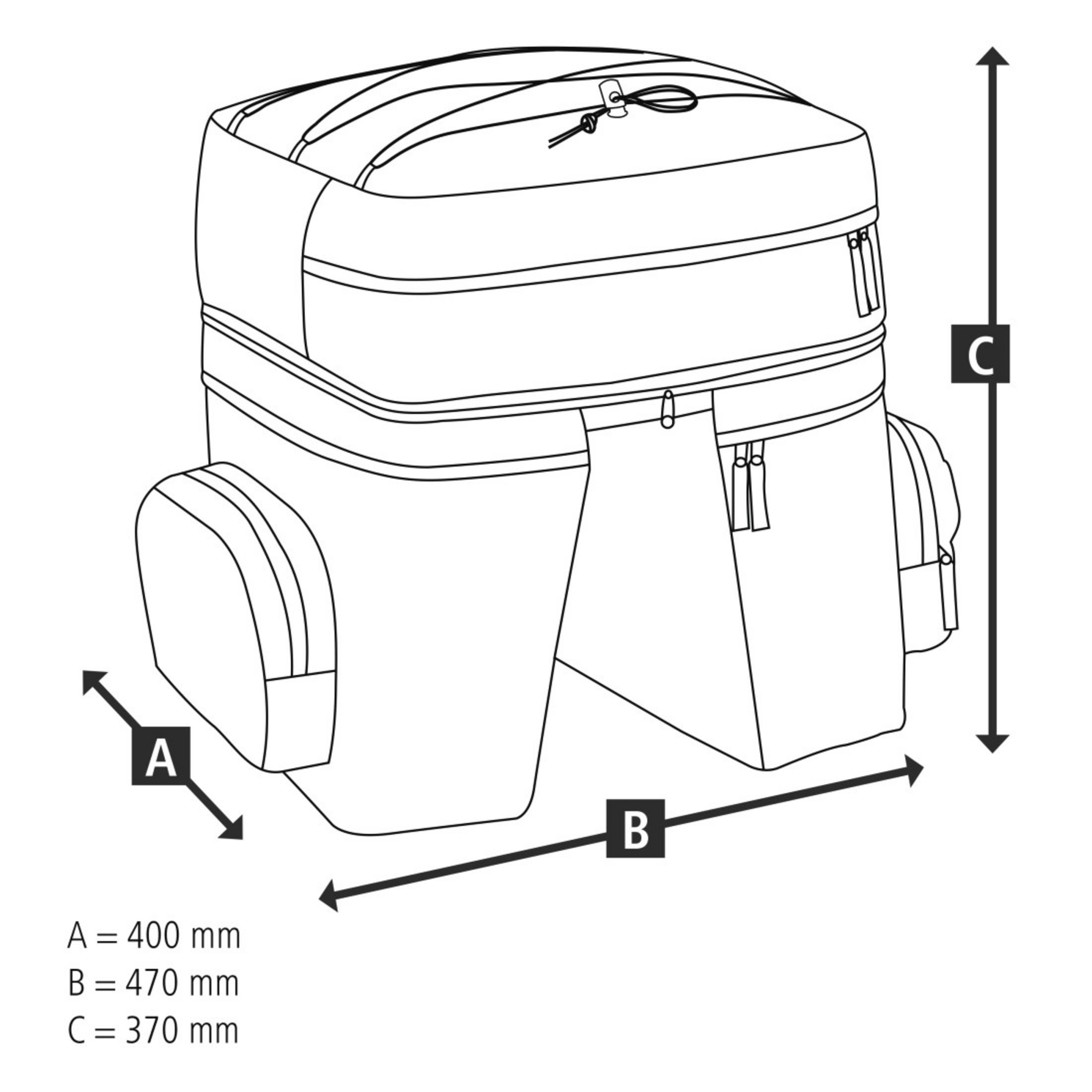Strichzeichnung einer Fahrradpacktasche mit mehreren Fächern und den Maßen A=400 mm, B=470 mm und C=370 mm.