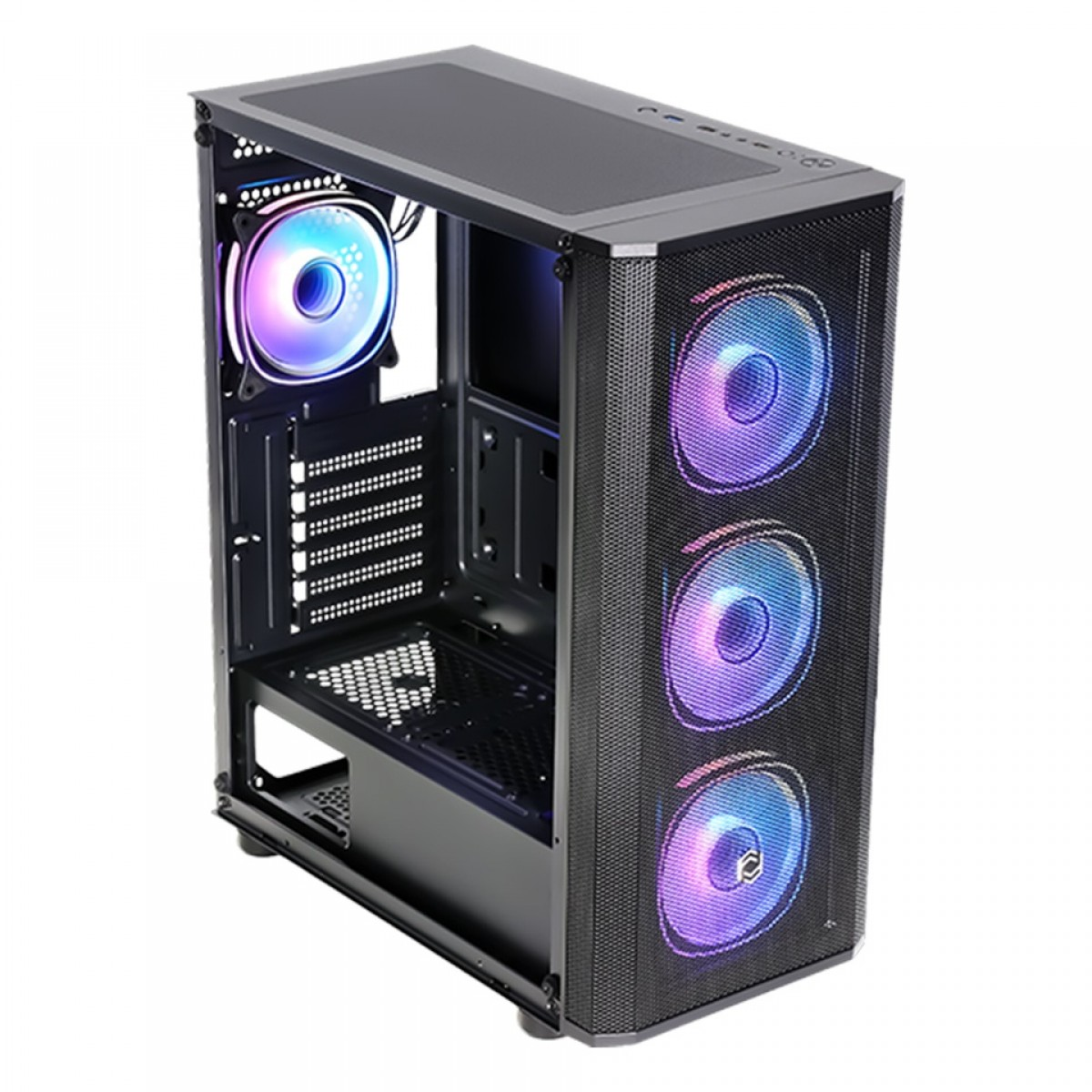 Ön paneli fileli, mavi ve mor ışıklı dört adet parlayan RGB fanlı siyah bir PC kasası.