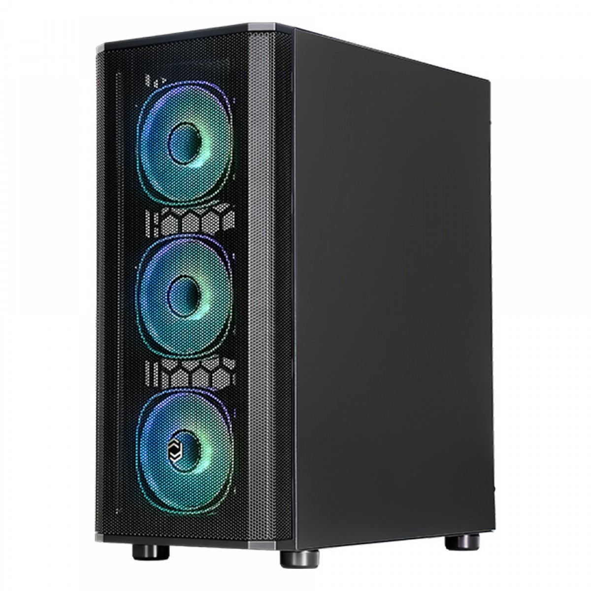 Beyaz arka plan önünde üç aydınlatmalı RGB fanlı siyah bilgisayar kasası.