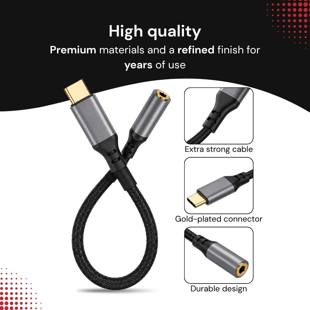 A braided USB-C to 3.5mm audio adapter cable with gold-plated connectors and text.