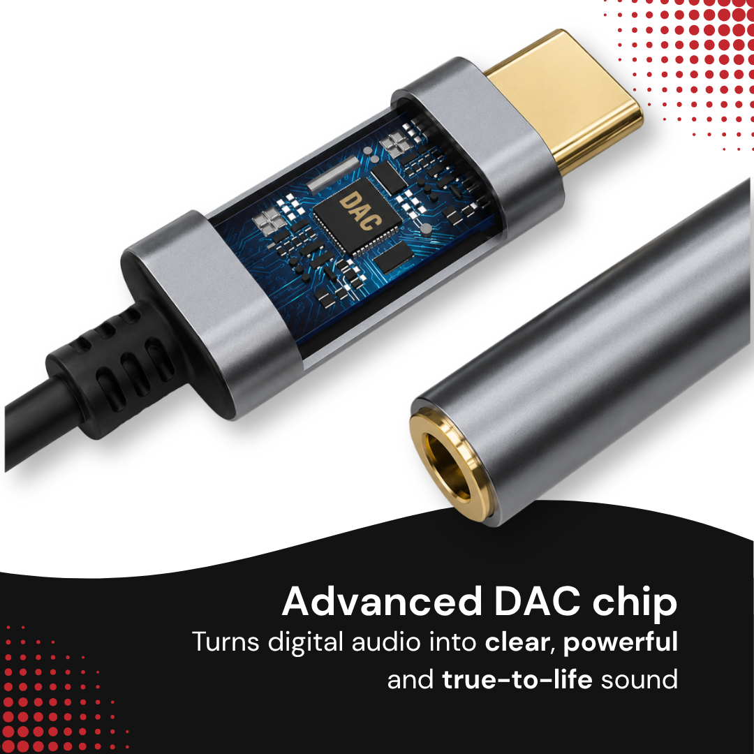 USB-C to headphone jack adapter showing internal DAC chip on circuit board.