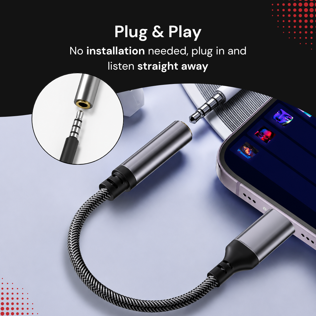 An audio adapter cable connected to a smartphone, with Plug and Play text above.