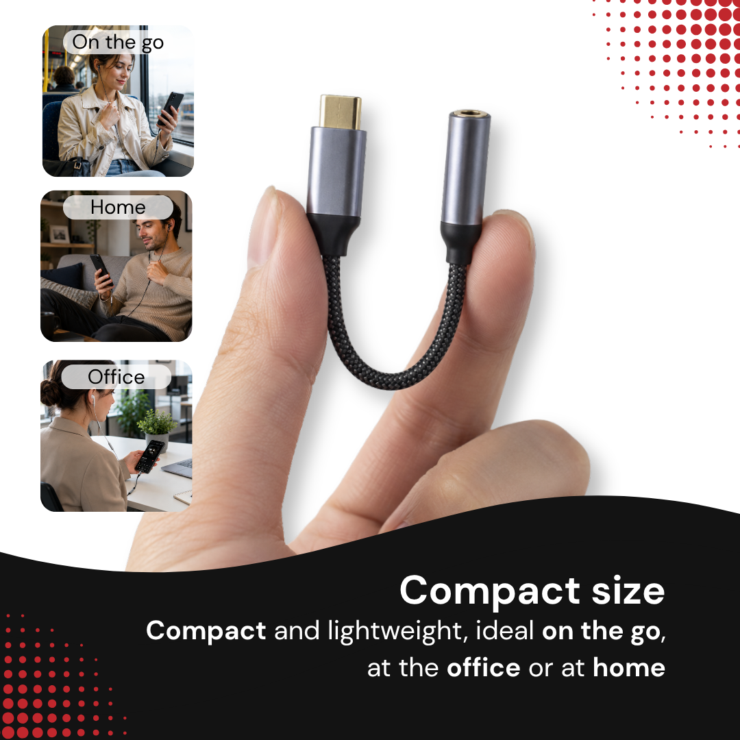 Fingers hold a USB-C to audio jack adapter against a white background, with three inset lifestyle photos.