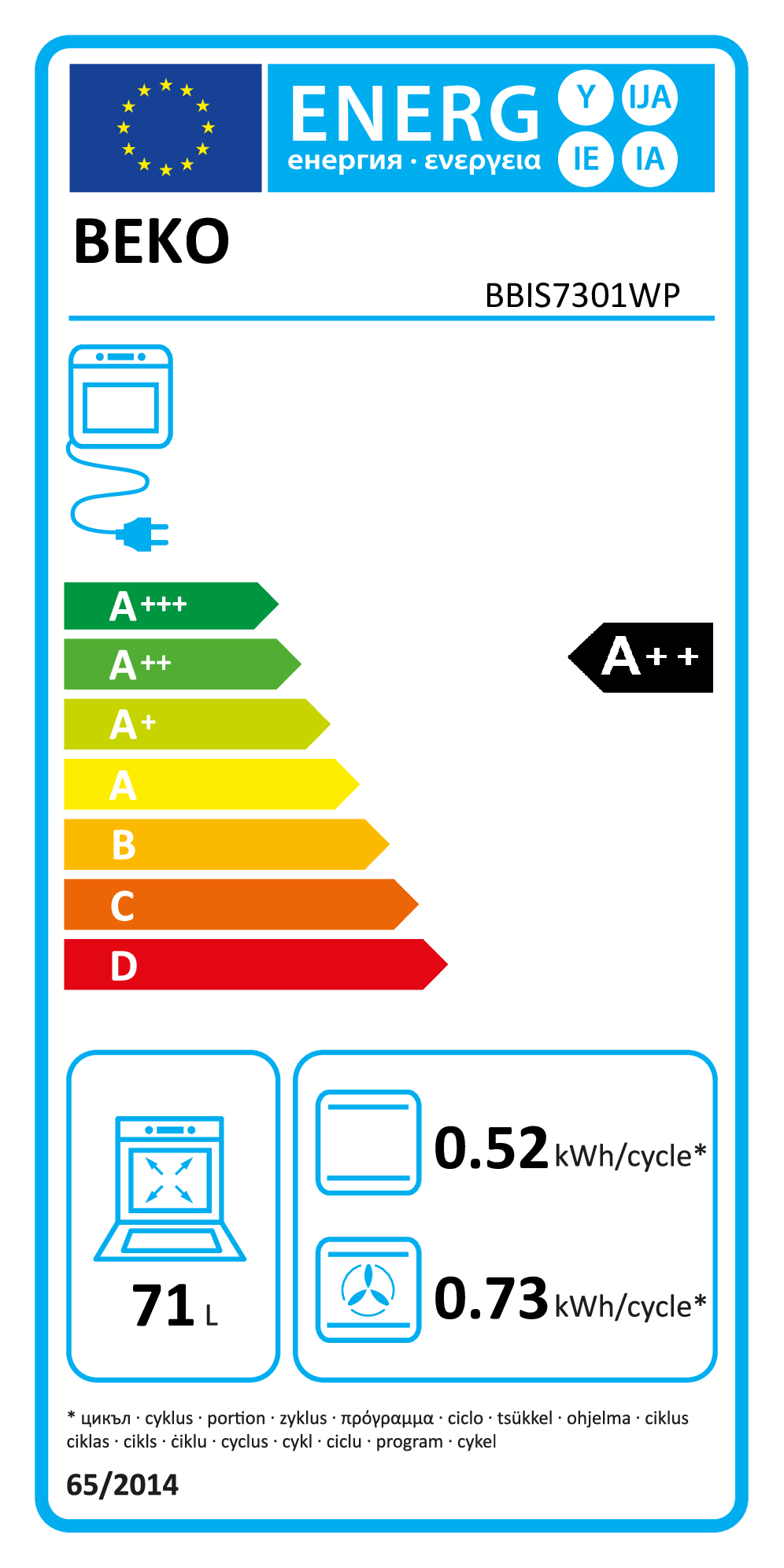 Etykieta energetyczna piekarnika Beko BBIS7301WP z klasą A++ i danymi zużycia.