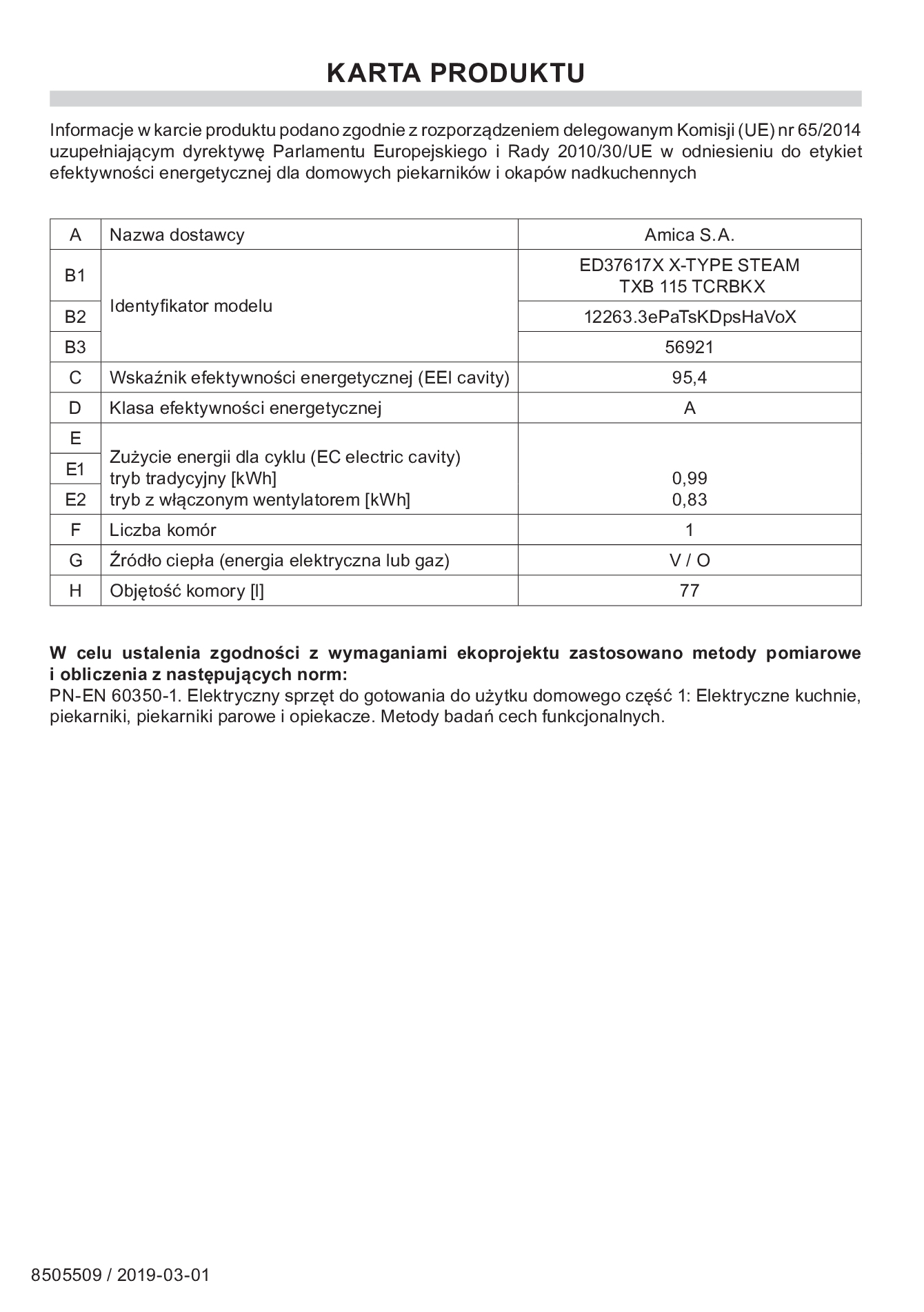 Karta produktu przedstawiająca specyfikację techniczną i klasę energetyczną piekarnika Amica.