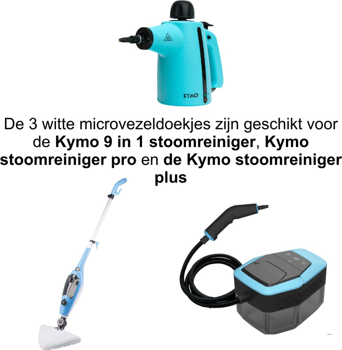 Tre diversi pulitori a vapore blu con testo in olandese.
