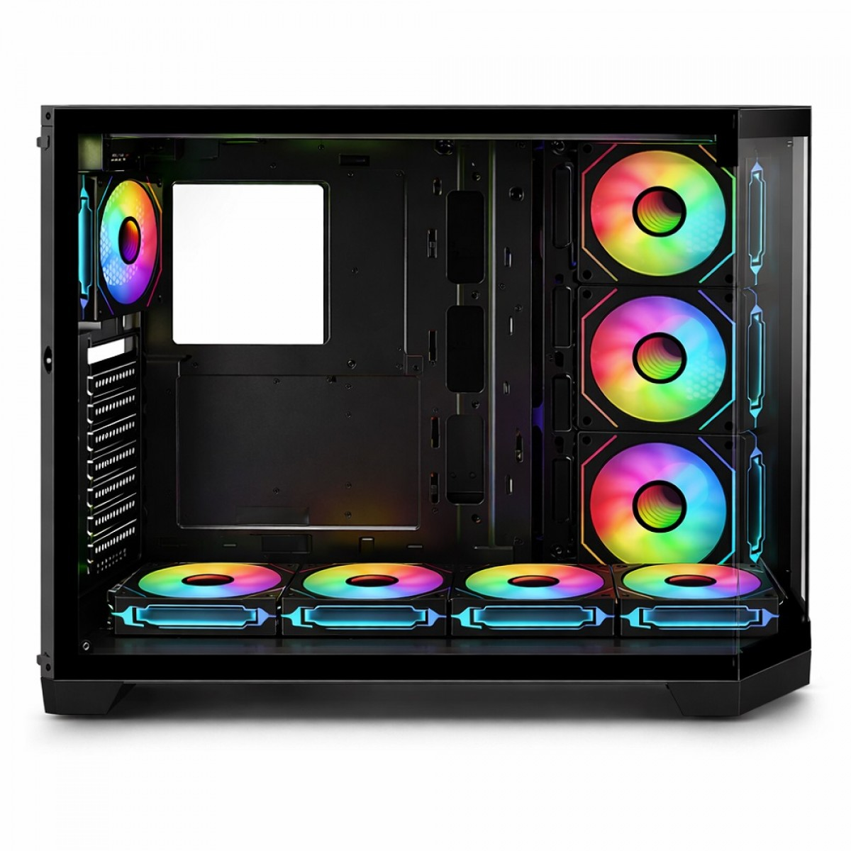 Cam ön panelli ve parlak RGB fanlı siyah bilgisayar kasası.