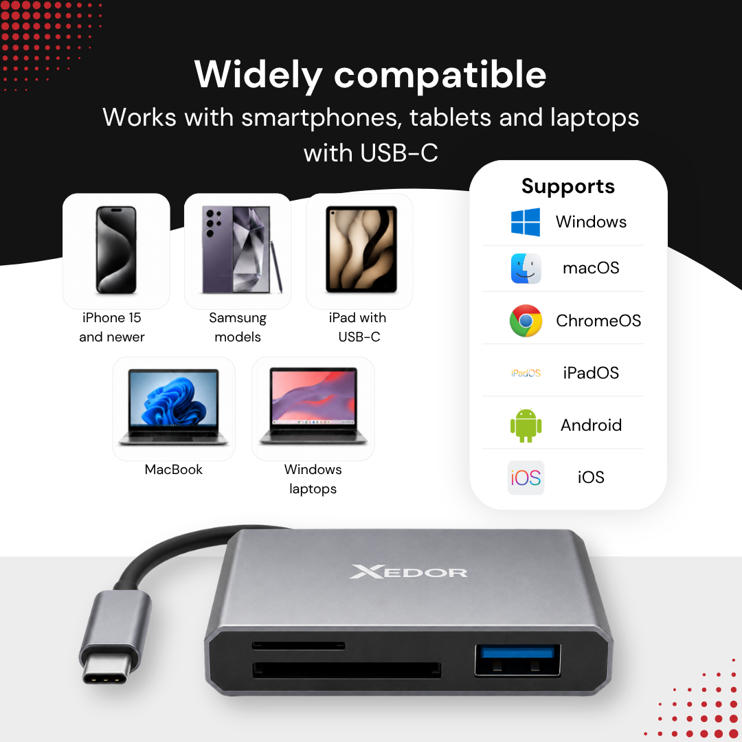 Gray Xedor USB-C hub with compatibility list for Windows, macOS, ChromeOS, iPadOS, Android, and iOS.