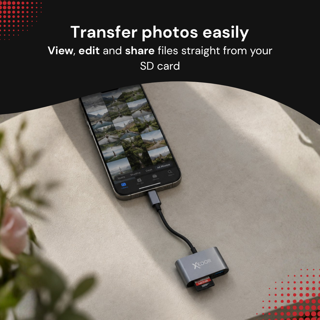 A smartphone connected to an SD card reader on a table surface.