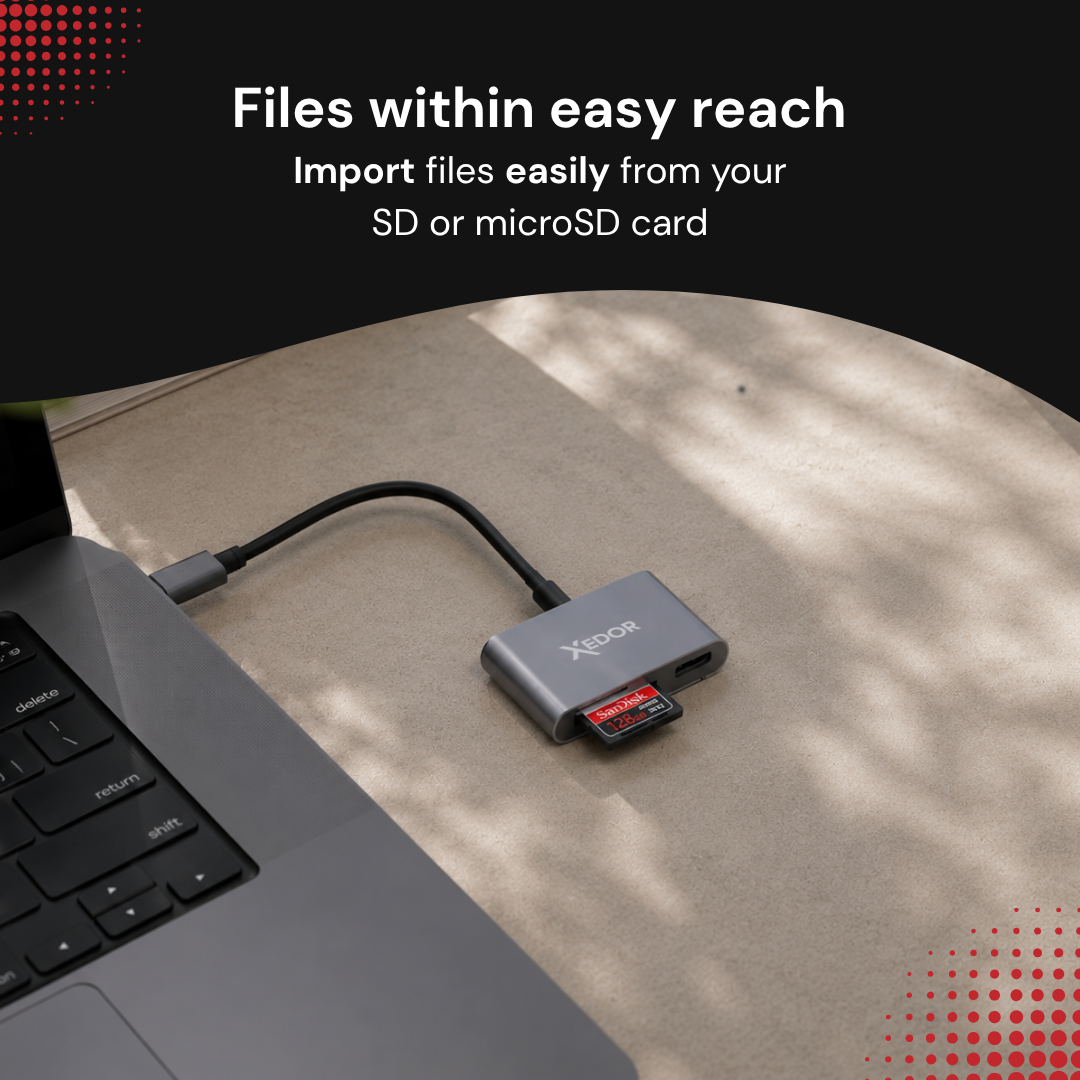 Gray Xedor USB-C hub with SD card connected to laptop on desk with text.