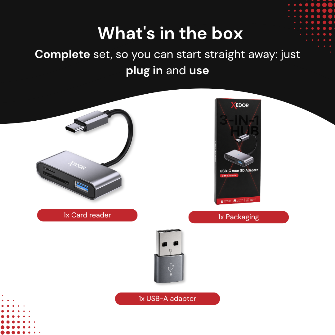 Product contents: One USB-C card reader, one packaging box, and one USB-A adapter.