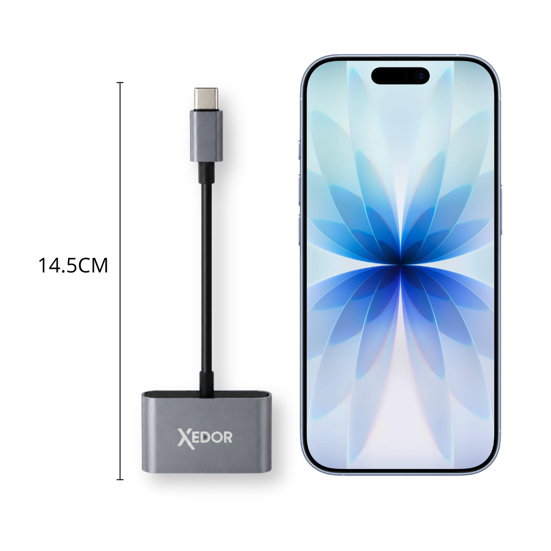 A grey Xedor USB-C adapter (14.5cm) next to a smartphone displaying a blue floral wallpaper.